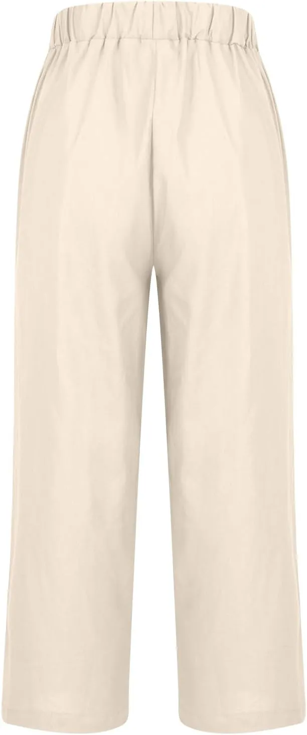 Women's Lightweight Summer Linen Pants Solid Elastic Waist Cotton Straight Pants Casual Lounge Beach Trousers