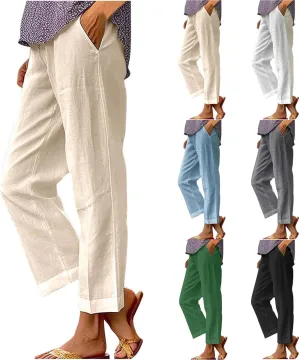 Women's Lightweight Summer Linen Pants Solid Elastic Waist Cotton Straight Pants Casual Lounge Beach Trousers