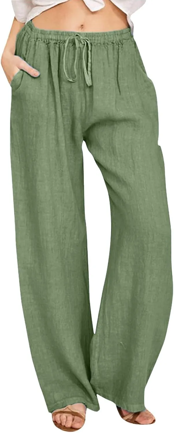 Women's Linen Blend Summer Casual Flowy Palazzo Lounge Pants Elastic Waisted Stretchy Straight Loose Fit