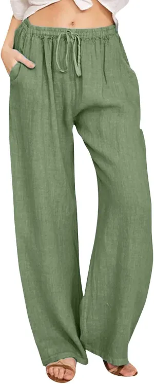 Women's Linen Blend Summer Casual Flowy Palazzo Lounge Pants Elastic Waisted Stretchy Straight Loose Fit