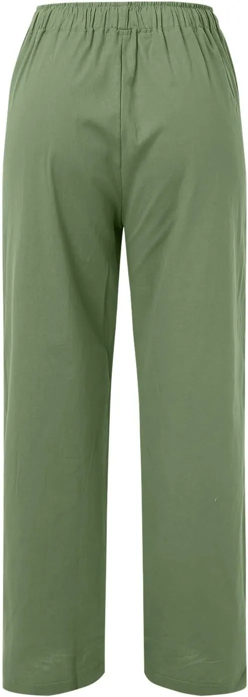 Women's Linen Blend Summer Casual Flowy Palazzo Lounge Pants Elastic Waisted Stretchy Straight Loose Fit