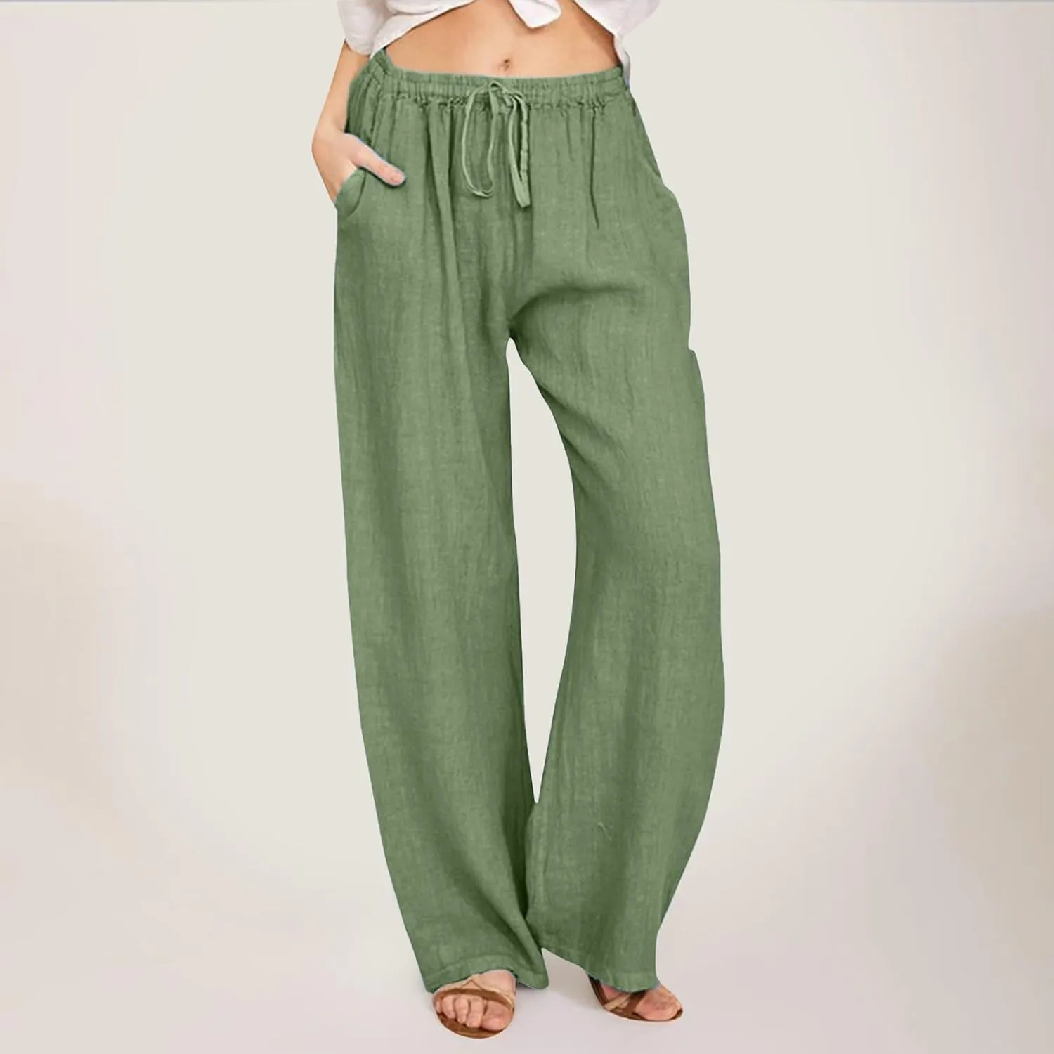 Women's Linen Blend Summer Casual Flowy Palazzo Lounge Pants Elastic Waisted Stretchy Straight Loose Fit