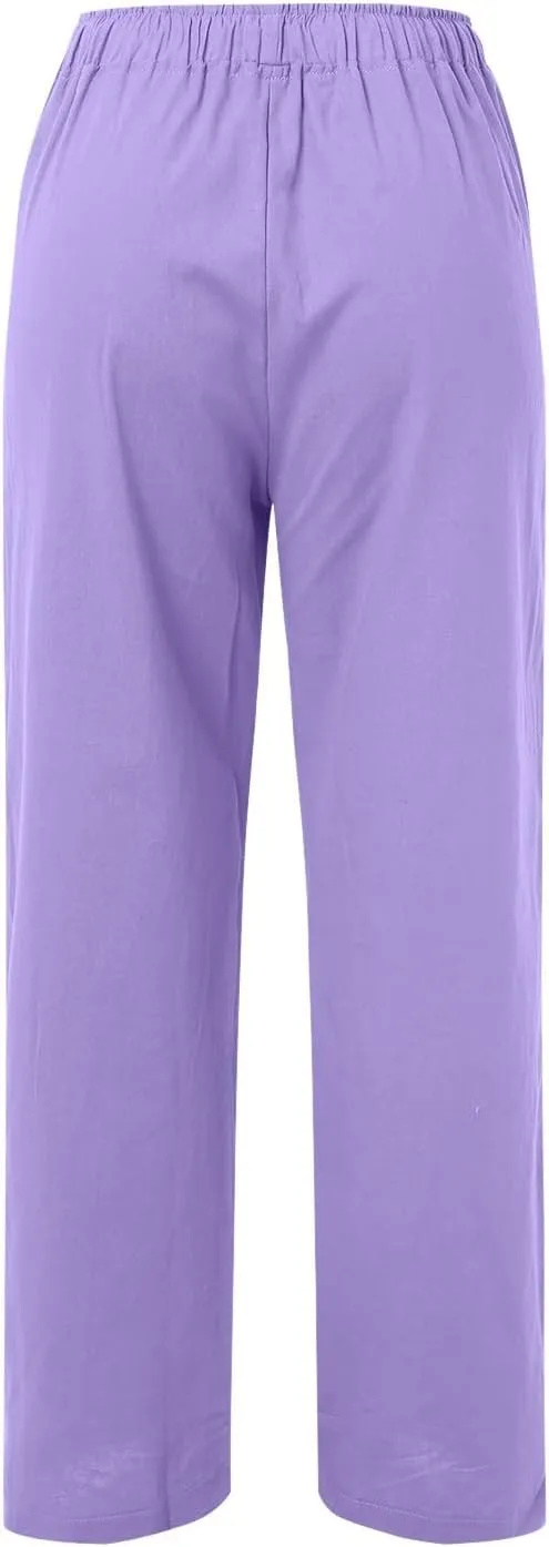 Women's Linen Blend Summer Cropped Palazzo Pants High Waist Lounge Pants Loose Fit Palazzo Lounge Pants Beach