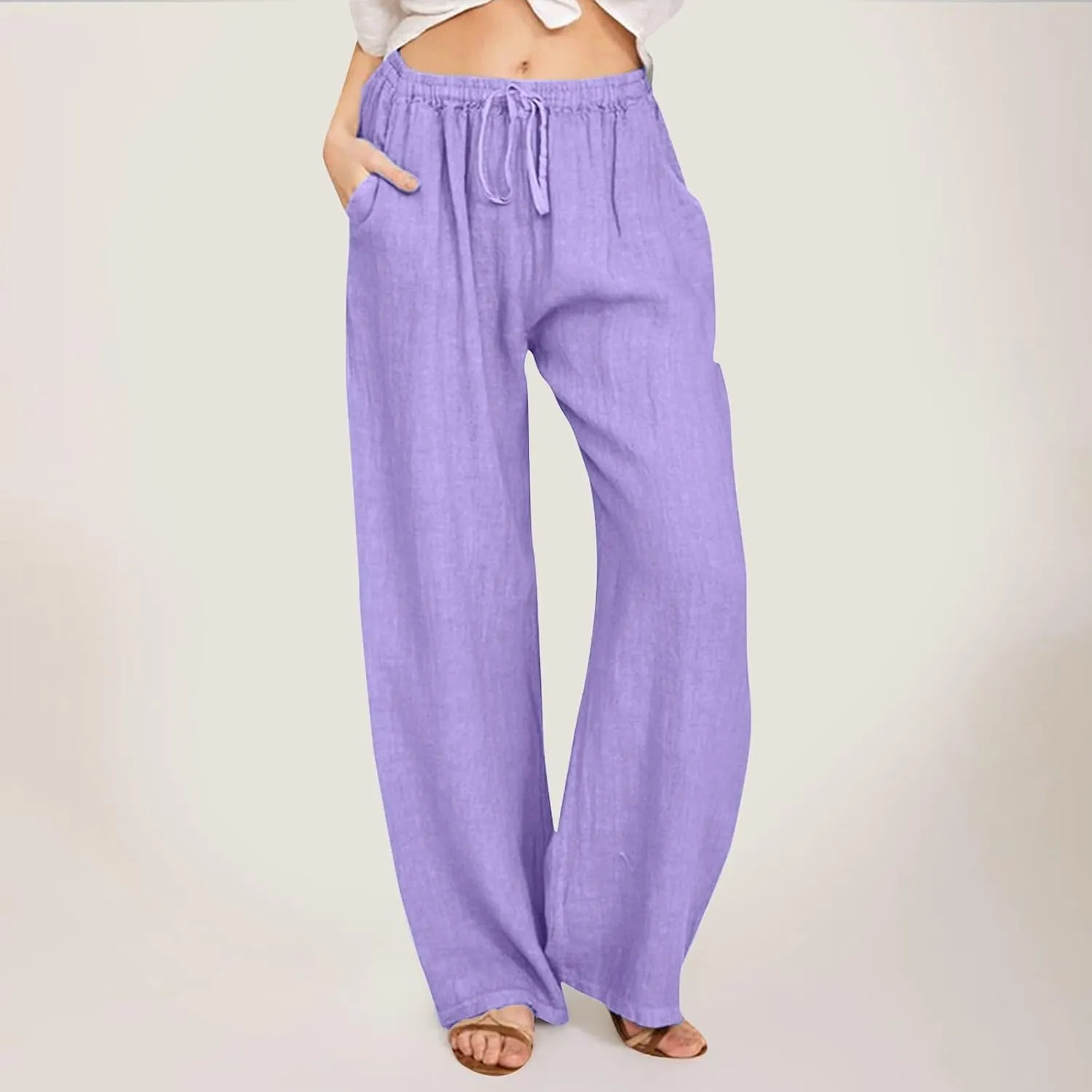 Women's Linen Blend Summer Cropped Palazzo Pants High Waist Lounge Pants Loose Fit Palazzo Lounge Pants Beach