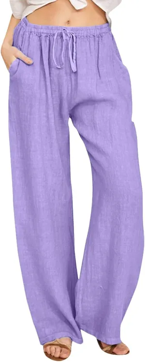 Women's Linen Blend Summer Cropped Palazzo Pants High Waist Lounge Pants Loose Fit Palazzo Lounge Pants Beach