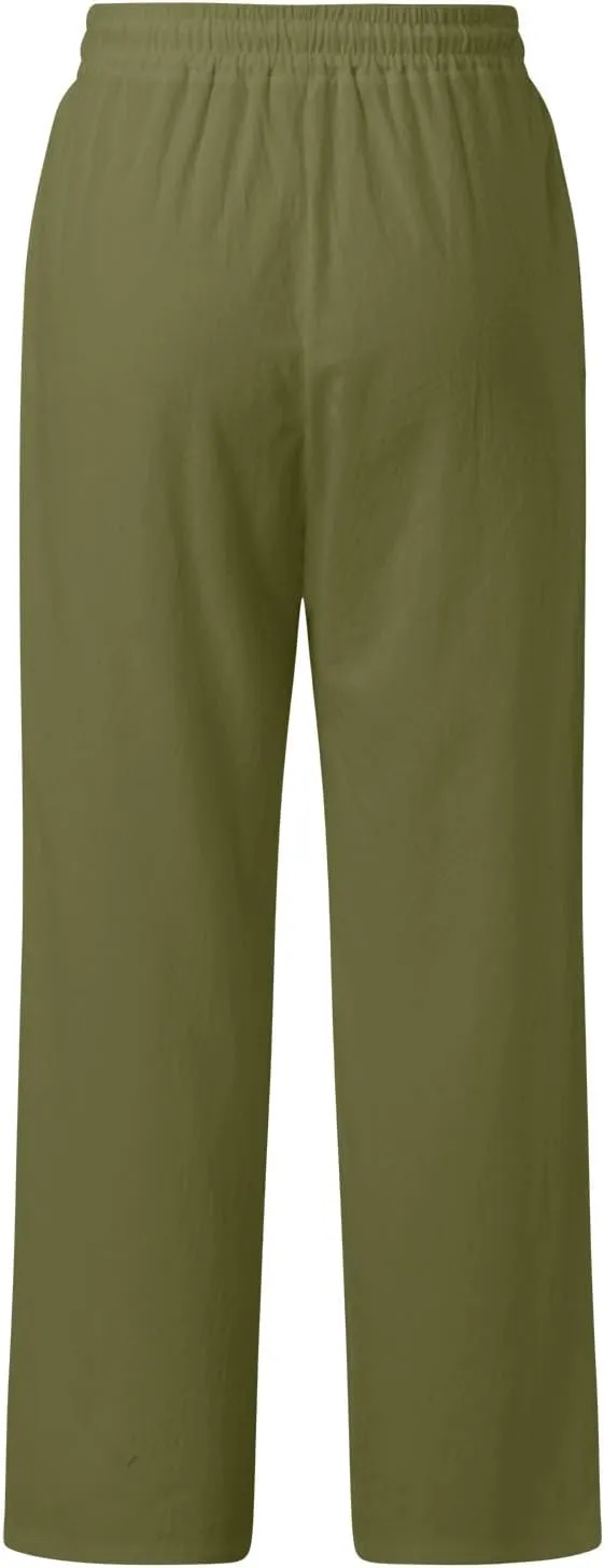 Women's Linen Blend Summer Flowy Pants Low Waist Stretchy Straight Slim Fit Palazzo Pants Work Business