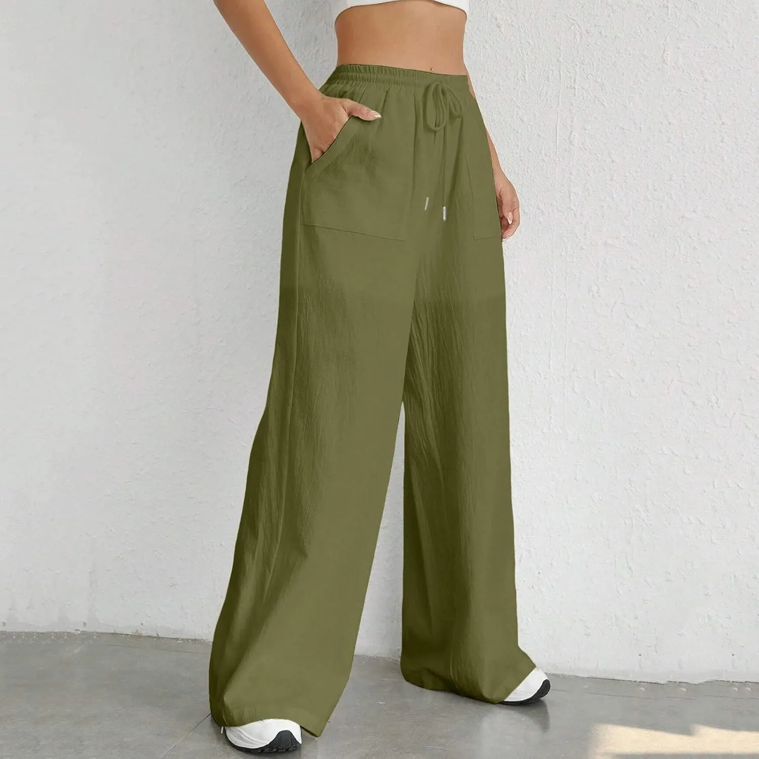 Women's Linen Blend Summer Flowy Pants Low Waist Stretchy Straight Slim Fit Palazzo Pants Work Business