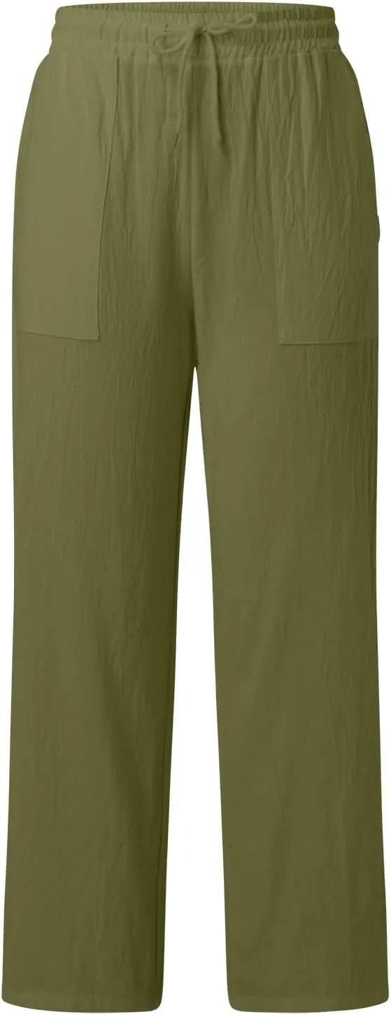 Women's Linen Blend Summer Flowy Pants Low Waist Stretchy Straight Slim Fit Palazzo Pants Work Business
