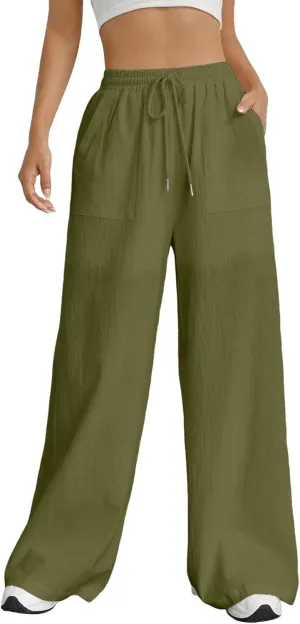 Women's Linen Blend Summer Flowy Pants Low Waist Stretchy Straight Slim Fit Palazzo Pants Work Business