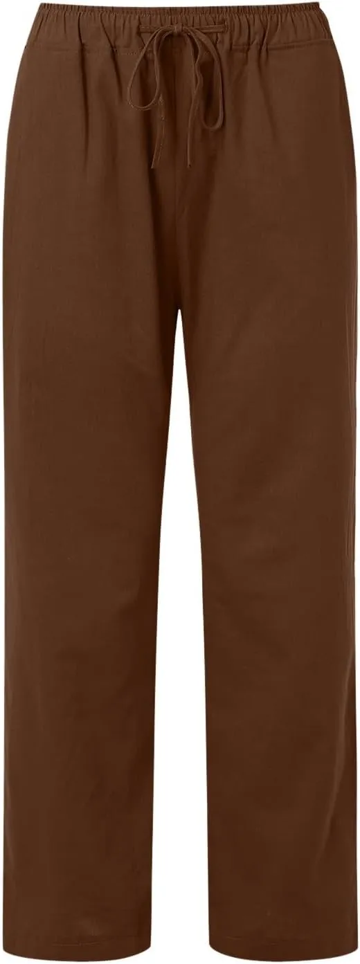Womens Linen Blend Summer Letter Patched Palazzo Lounge Pants Elastic Waist Wide Leg Slim Fit Palazzo