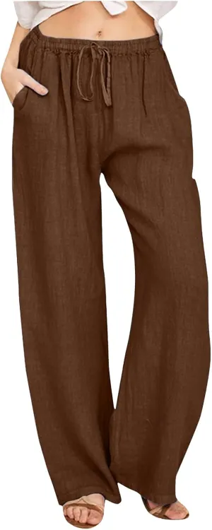 Womens Linen Blend Summer Letter Patched Palazzo Lounge Pants Elastic Waist Wide Leg Slim Fit Palazzo