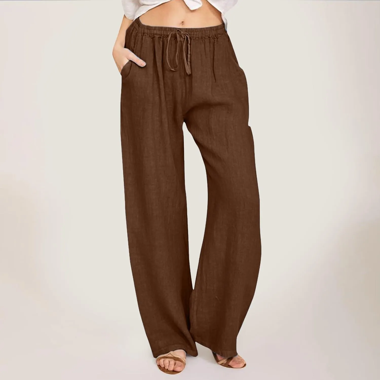 Womens Linen Blend Summer Letter Patched Palazzo Lounge Pants Elastic Waist Wide Leg Slim Fit Palazzo