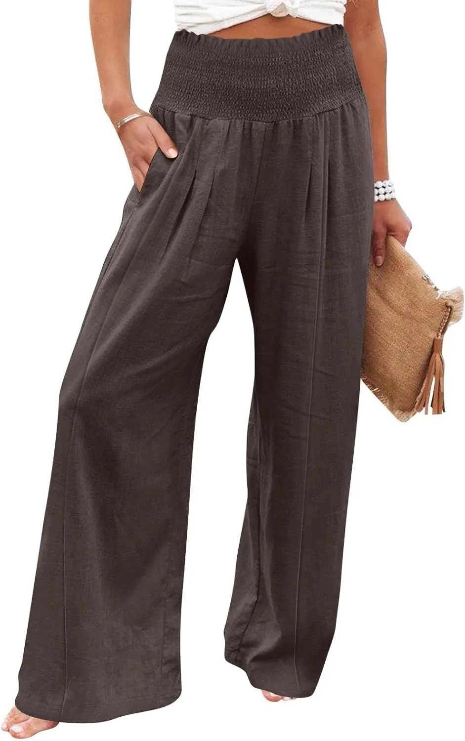 Womens Linen Blend Summer Palazzo Palazzo Pants Elastic Waisted Bootcut Slim-Fit Pants Trendy