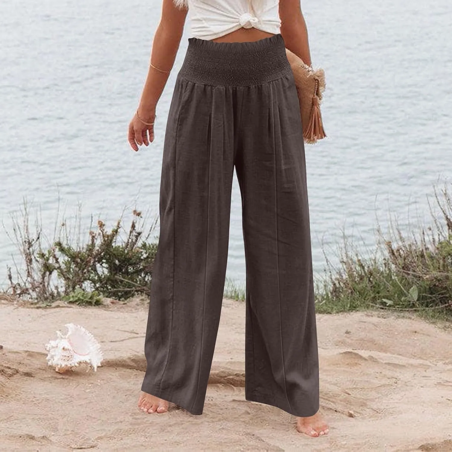 Womens Linen Blend Summer Palazzo Palazzo Pants Elastic Waisted Bootcut Slim-Fit Pants Trendy