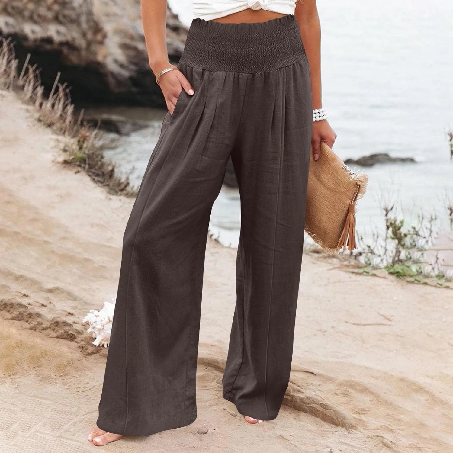 Womens Linen Blend Summer Palazzo Palazzo Pants Elastic Waisted Bootcut Slim-Fit Pants Trendy
