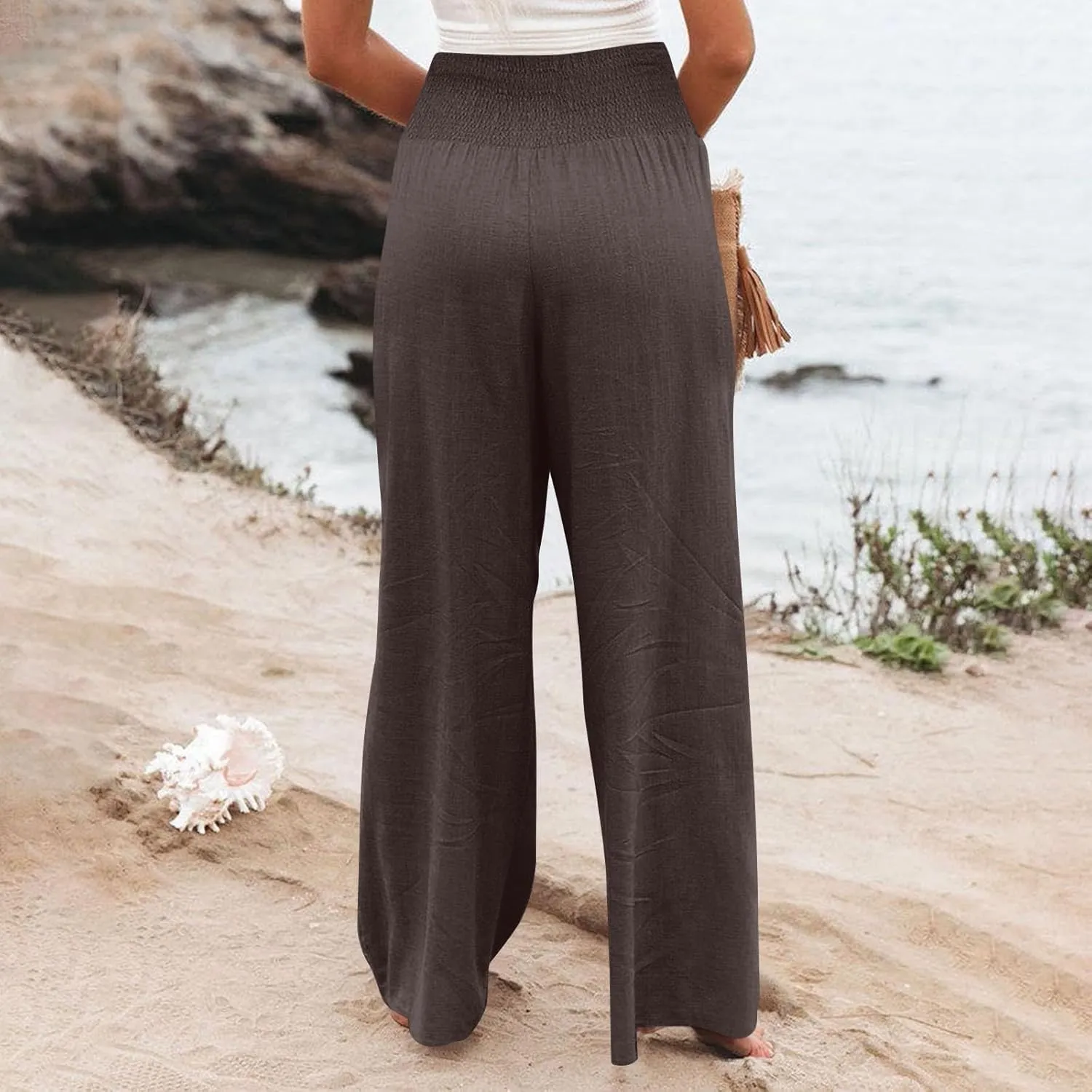 Womens Linen Blend Summer Palazzo Palazzo Pants Elastic Waisted Bootcut Slim-Fit Pants Trendy