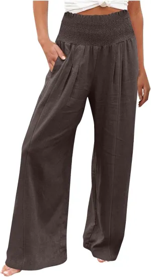 Womens Linen Blend Summer Palazzo Palazzo Pants Elastic Waisted Bootcut Slim-Fit Pants Trendy