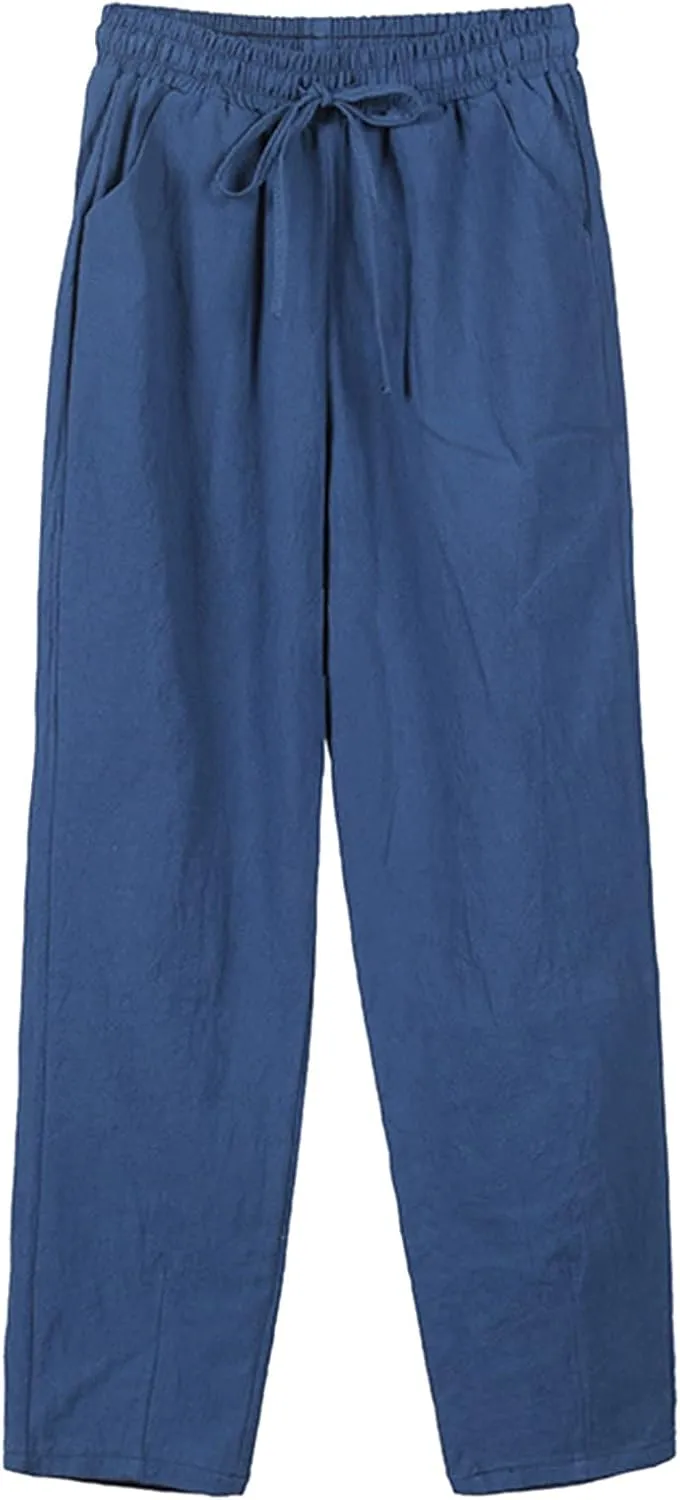 Women's Linen Blend Summer Palazzo Pant Trousers Low Waist Stretchy Slim Fit Palazzo Pants Trendy