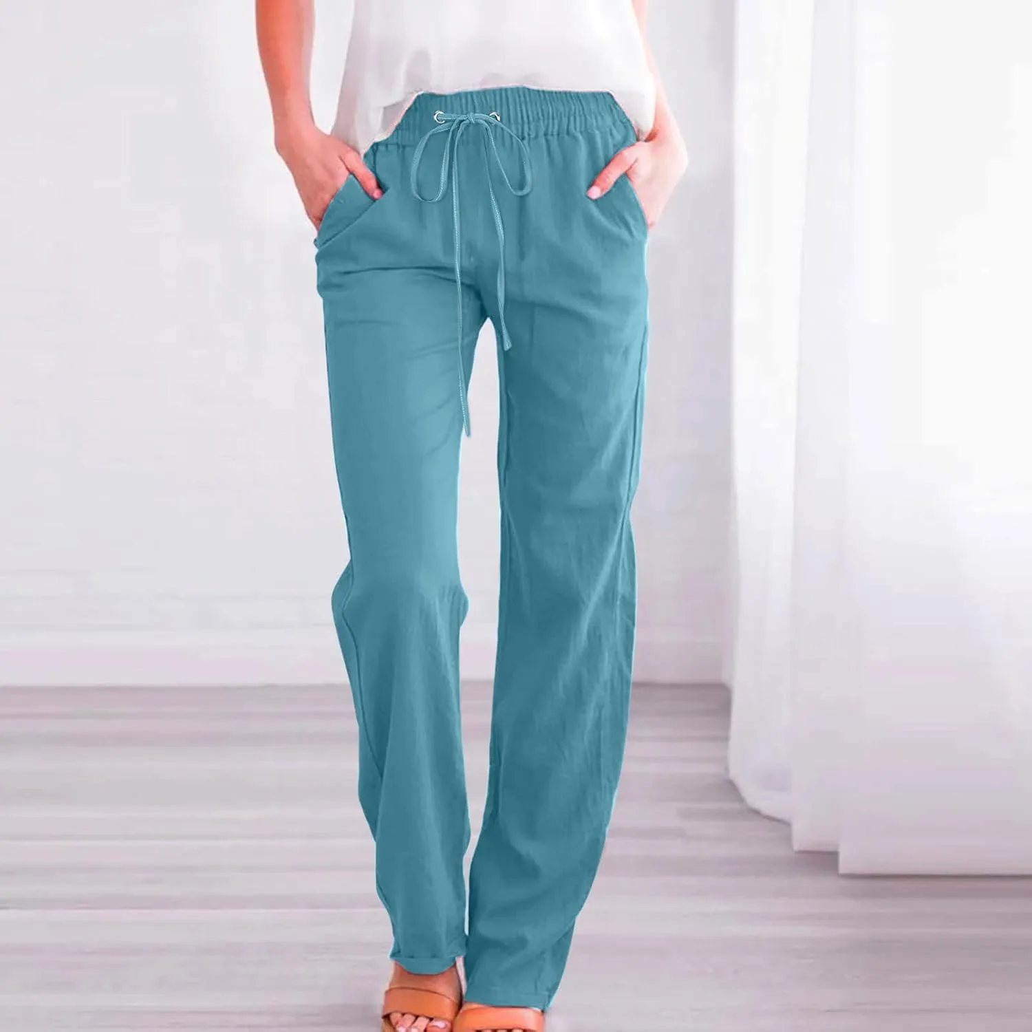 Womens Linen Blend Summer Pull On Pant Trousers Elastic Waist Bootcut Slim-Fit Palazzo Pants Travel