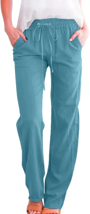 Womens Linen Blend Summer Pull On Pant Trousers Elastic Waist Bootcut Slim-Fit Palazzo Pants Travel