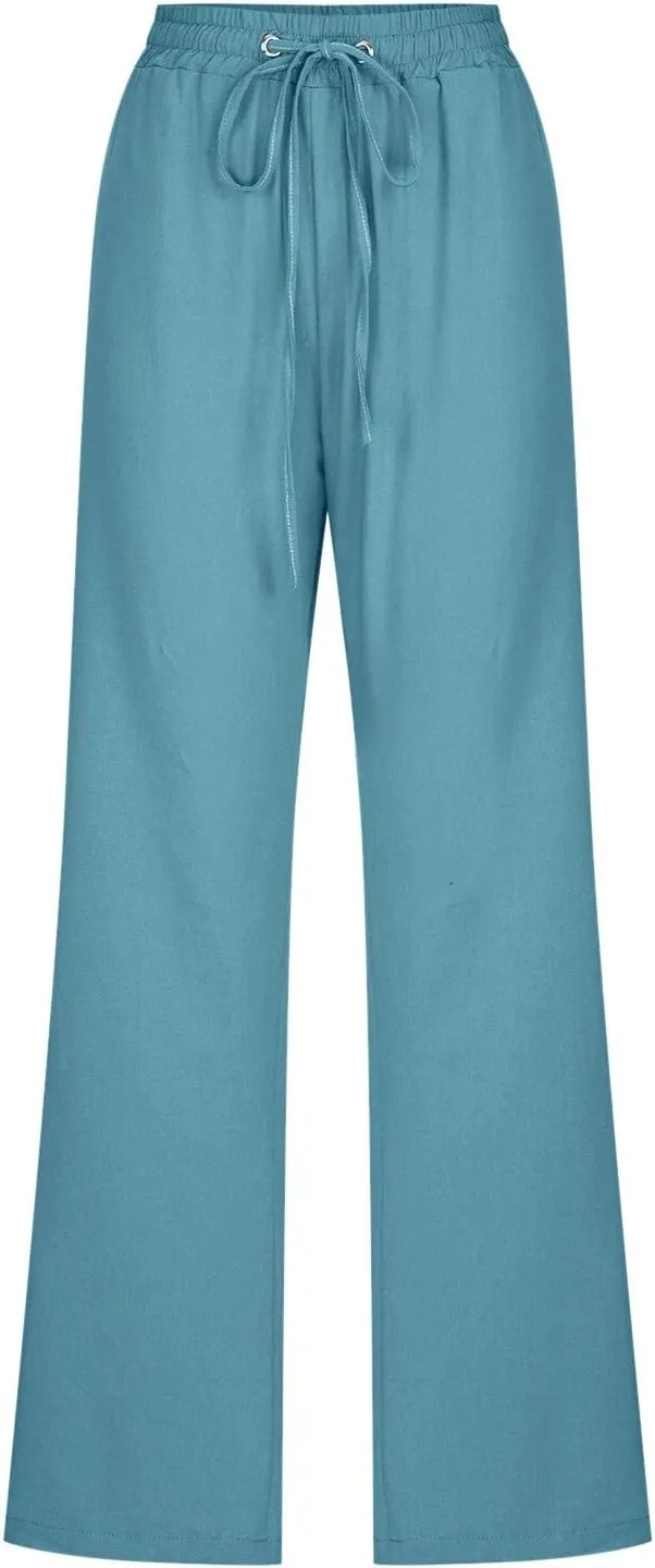 Womens Linen Blend Summer Pull On Pant Trousers Elastic Waist Bootcut Slim-Fit Palazzo Pants Travel