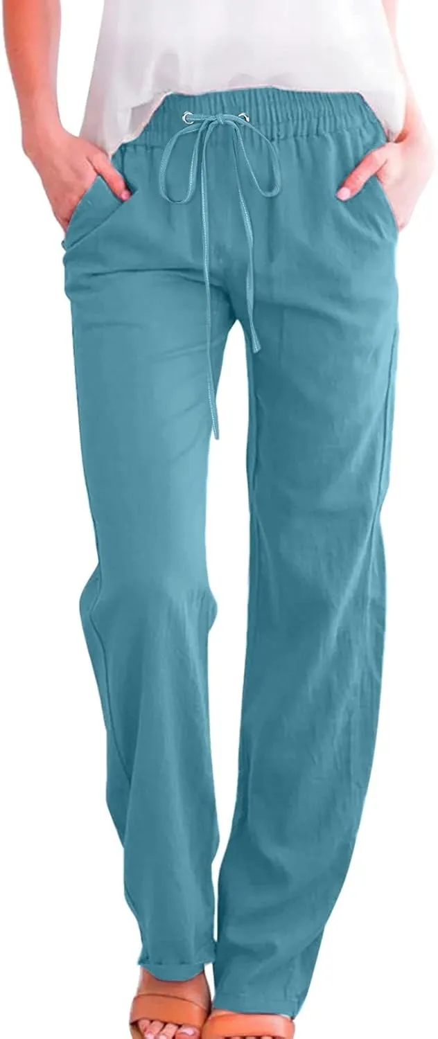 Womens Linen Blend Summer Pull On Pant Trousers Elastic Waist Bootcut Slim-Fit Palazzo Pants Travel