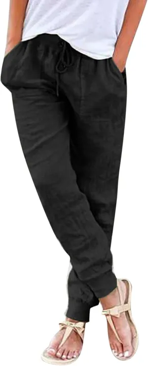 Womens Linen Blend Summer Y2K Streetwear Palazzo Lounge Pants Elastic Waisted Long Lounge Slim-Fit Pant