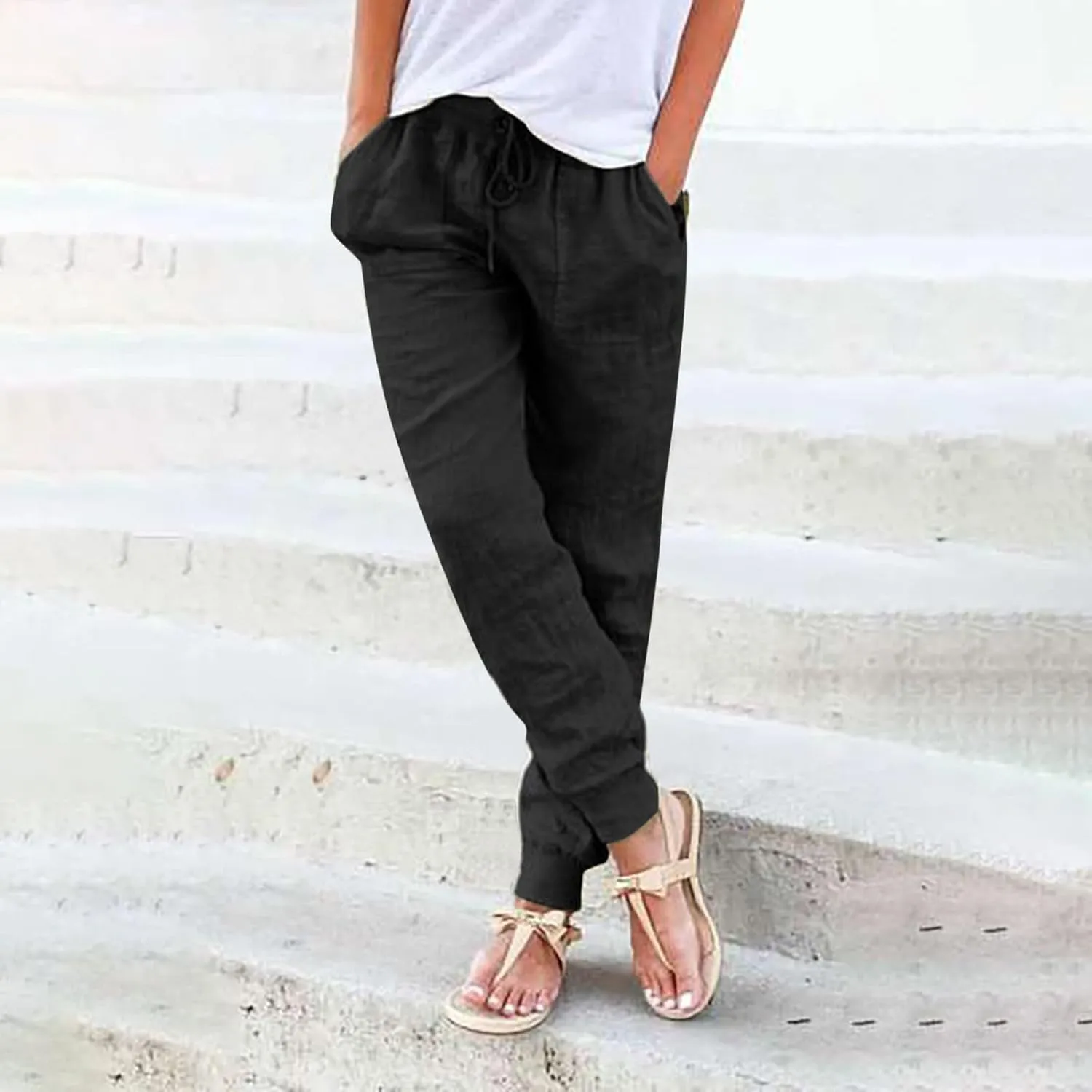 Womens Linen Blend Summer Y2K Streetwear Palazzo Lounge Pants Elastic Waisted Long Lounge Slim-Fit Pant