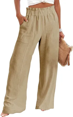 Womens Linen Palazzo Pants Wide Leg Casual Loose High Waist Drawstring Capri Plus Size Trousers Travel Vacation Outfits