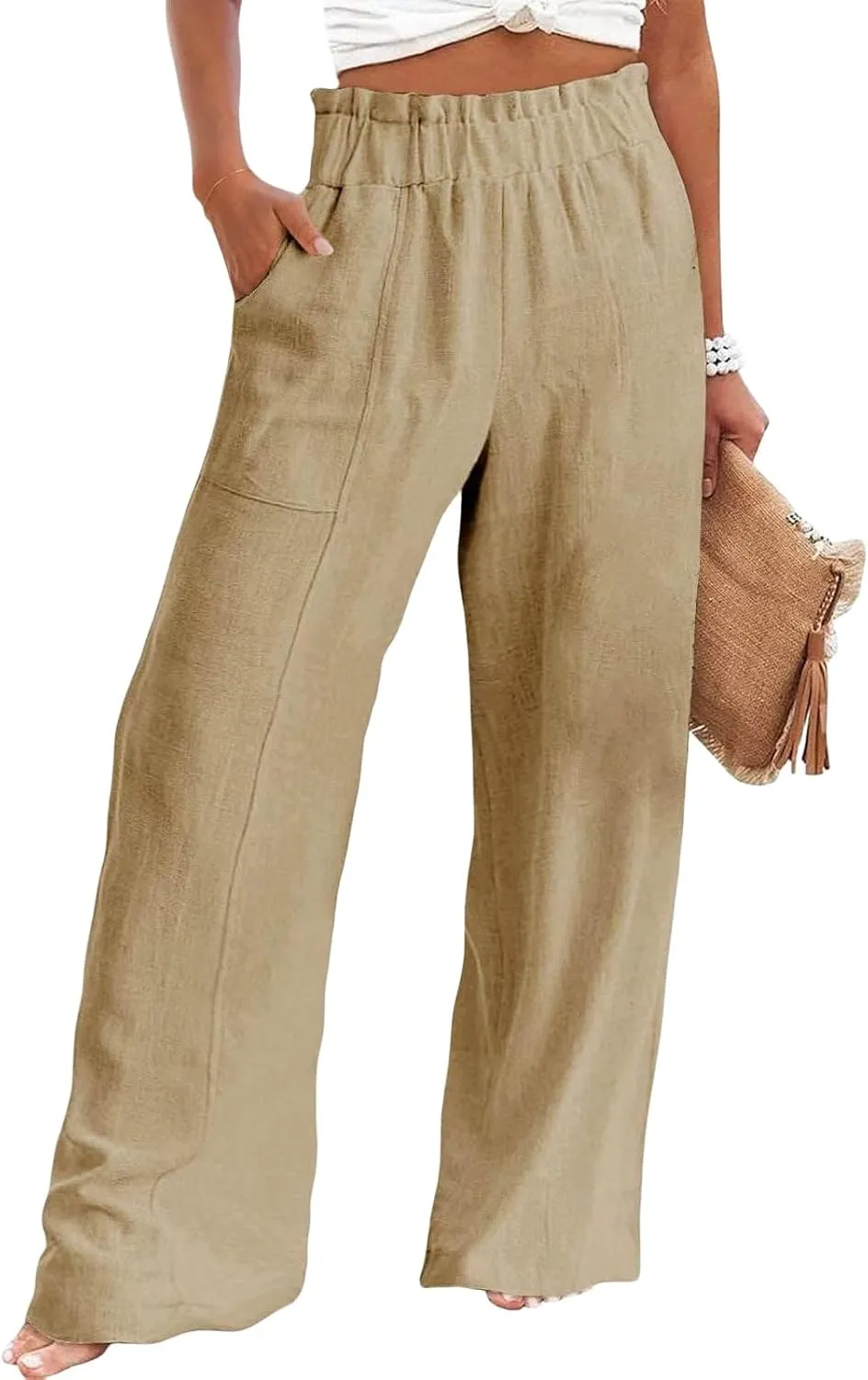 Womens Linen Palazzo Pants Wide Leg Casual Loose High Waist Drawstring Capri Plus Size Trousers Travel Vacation Outfits
