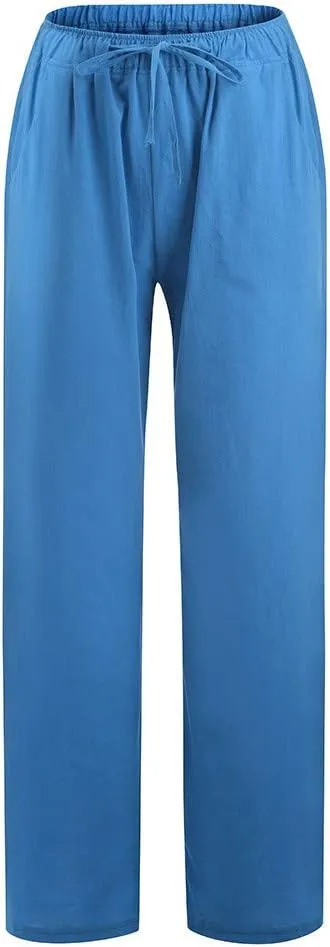 Womens Linen Pants 2025 Casual High Waist Wide Leg Trousers Summer Lightweight Loose Beach Palazzo with Pockets