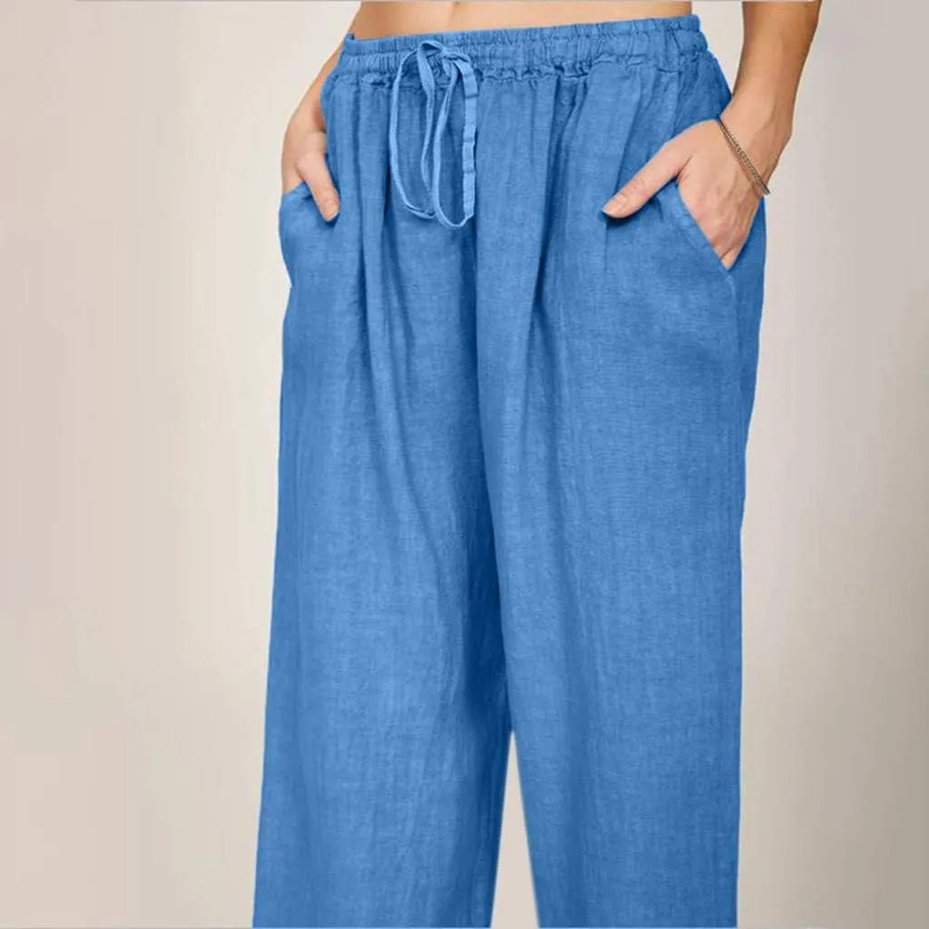 Womens Linen Pants 2025 Casual High Waist Wide Leg Trousers Summer Lightweight Loose Beach Palazzo with Pockets