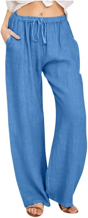 Womens Linen Pants 2025 Casual High Waist Wide Leg Trousers Summer Lightweight Loose Beach Palazzo with Pockets