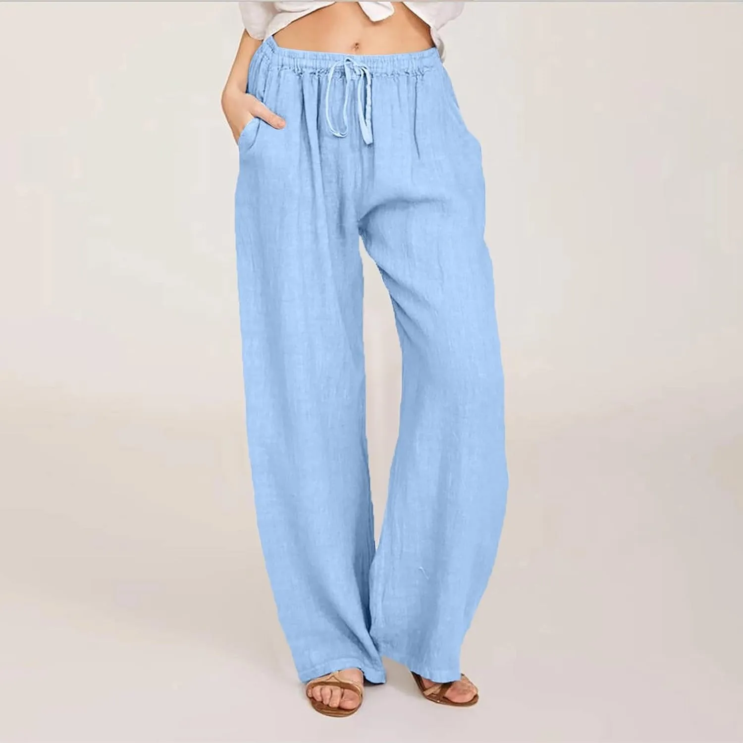 Womens Linen Pants Drawstring High Waist Casual Loose Fit Beach Pants Trendy Boho Straight Leg Trousers with Pockets