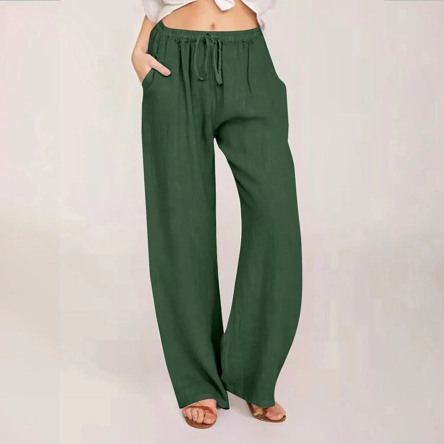 Womens Linen Pants Drawstring High Waist Casual Loose Fit Beach Pants Trendy Boho Straight Leg Trousers with Pockets