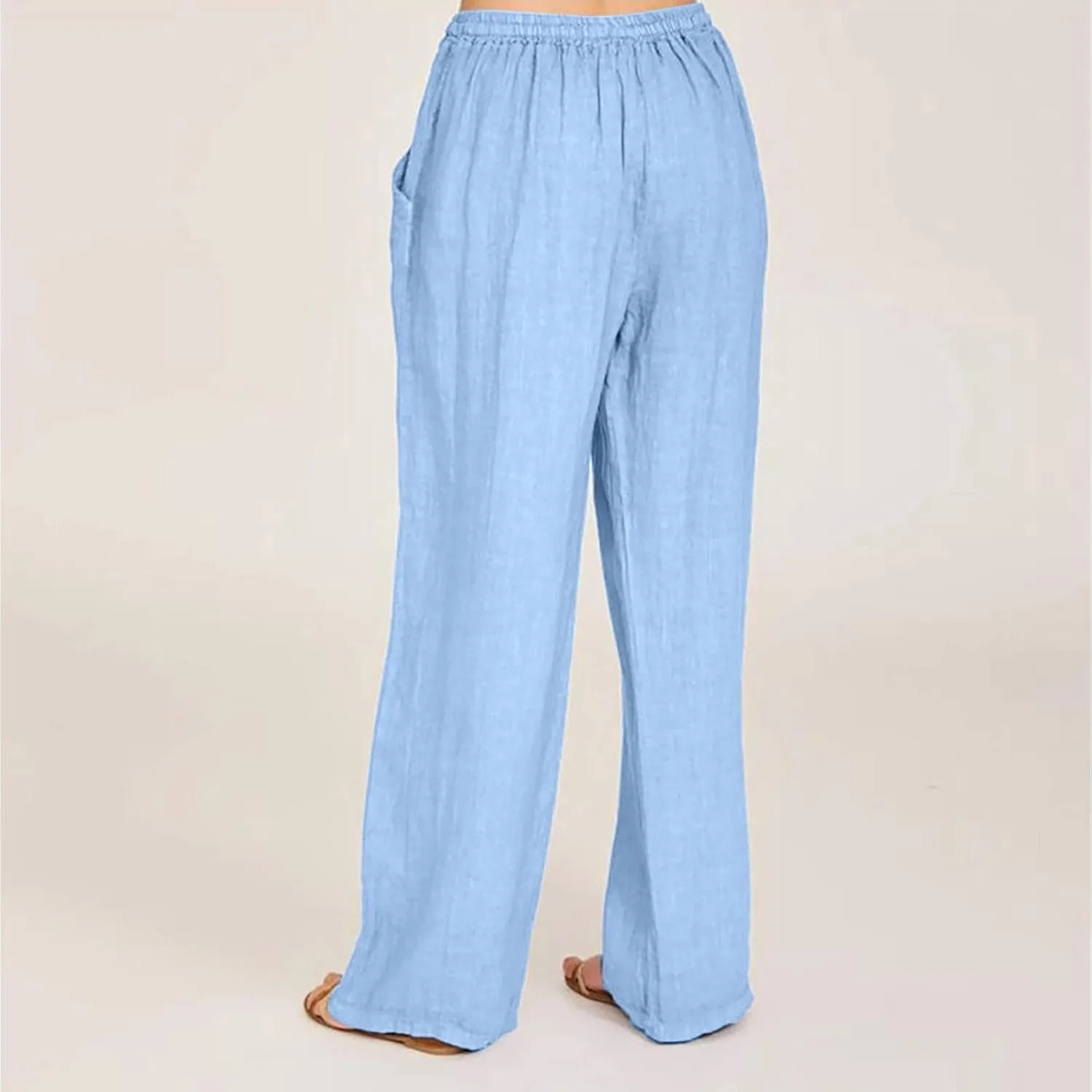 Womens Linen Pants Drawstring High Waist Casual Loose Fit Beach Pants Trendy Boho Straight Leg Trousers with Pockets