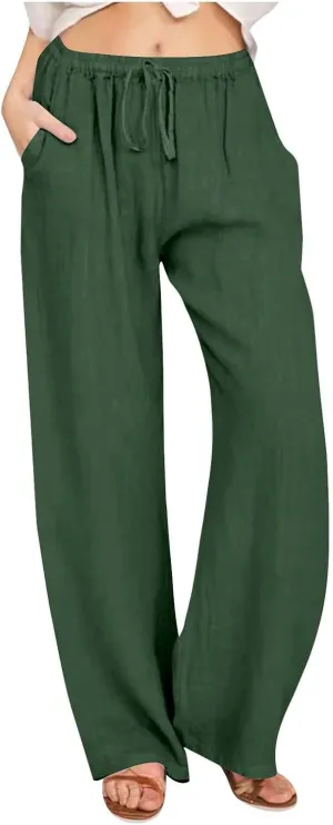 Womens Linen Pants Drawstring High Waist Casual Loose Fit Beach Pants Trendy Boho Straight Leg Trousers with Pockets