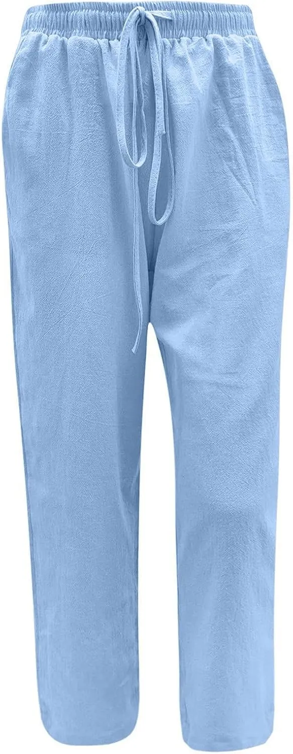 Womens Linen Pants Drawstring High Waist Casual Loose Fit Beach Pants Trendy Boho Straight Leg Trousers with Pockets
