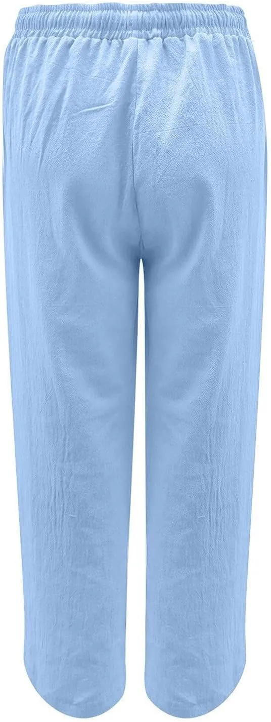Womens Linen Pants Drawstring High Waist Casual Loose Fit Beach Pants Trendy Boho Straight Leg Trousers with Pockets