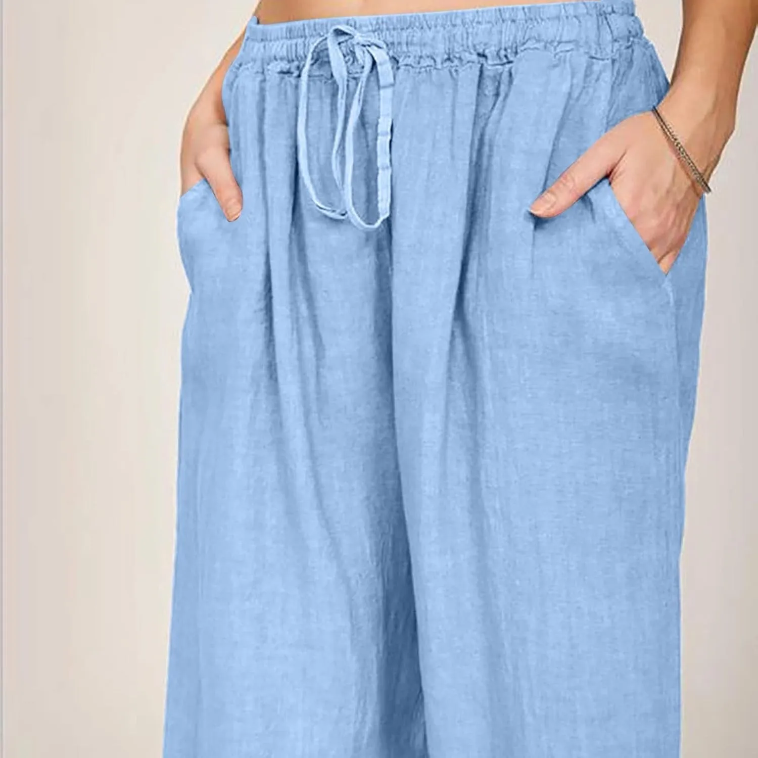Womens Linen Pants Drawstring High Waist Casual Loose Fit Beach Pants Trendy Boho Straight Leg Trousers with Pockets