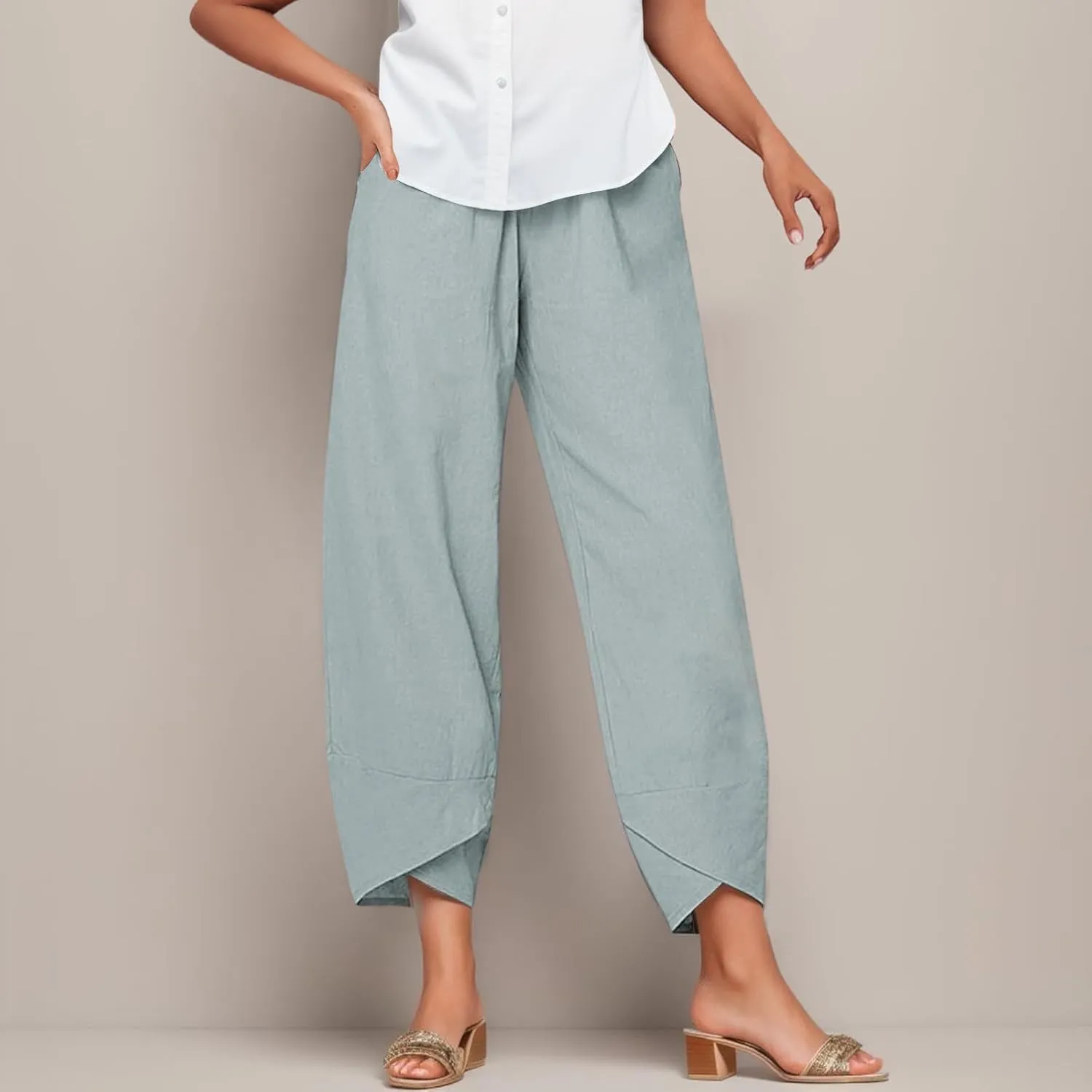 Womens Linen Pants for Summer High Waist Lightweight Lounge Trousers 2025 Trendy Casual Cropped Pants with Pockets