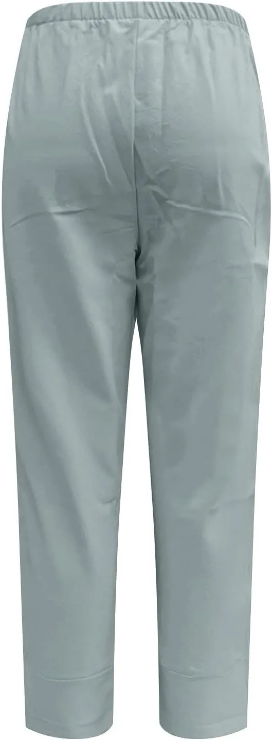 Womens Linen Pants for Summer High Waist Lightweight Lounge Trousers 2025 Trendy Casual Cropped Pants with Pockets