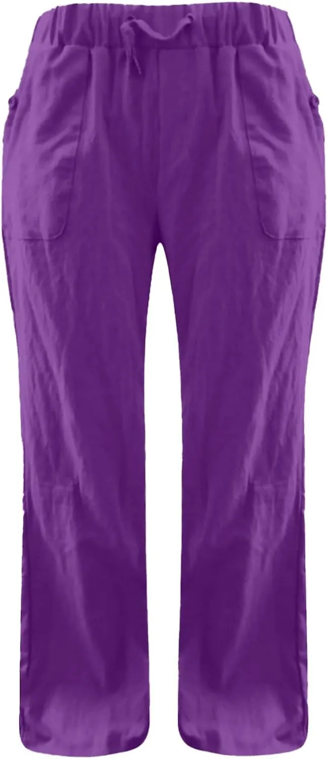Womens Linen Pants Lounge Pant Floral Solid Palazzo Pants High Waist Wide Leg Trousers with Pockets Beach Outfits for Women
