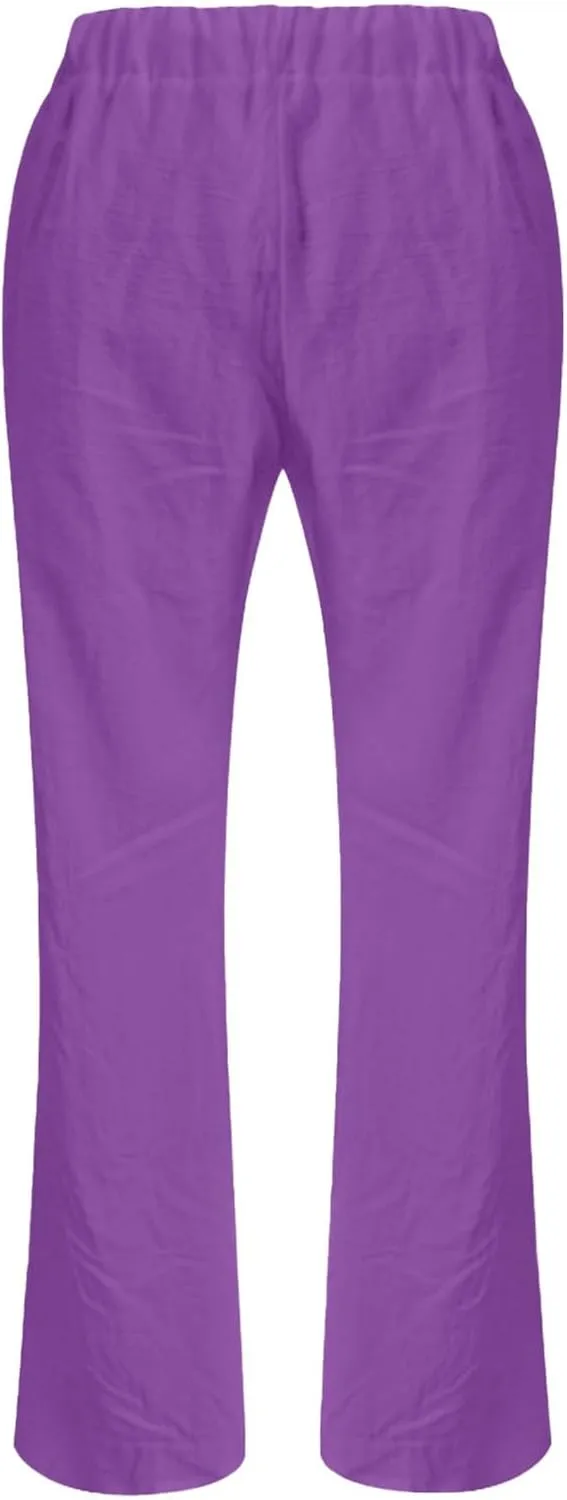 Womens Linen Pants Lounge Pant Floral Solid Palazzo Pants High Waist Wide Leg Trousers with Pockets Beach Outfits for Women