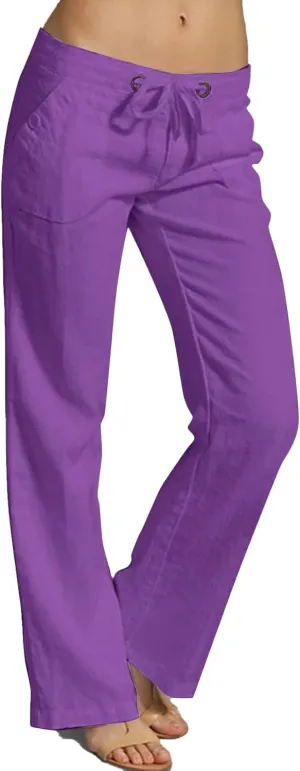 Womens Linen Pants Lounge Pant Floral Solid Palazzo Pants High Waist Wide Leg Trousers with Pockets Beach Outfits for Women