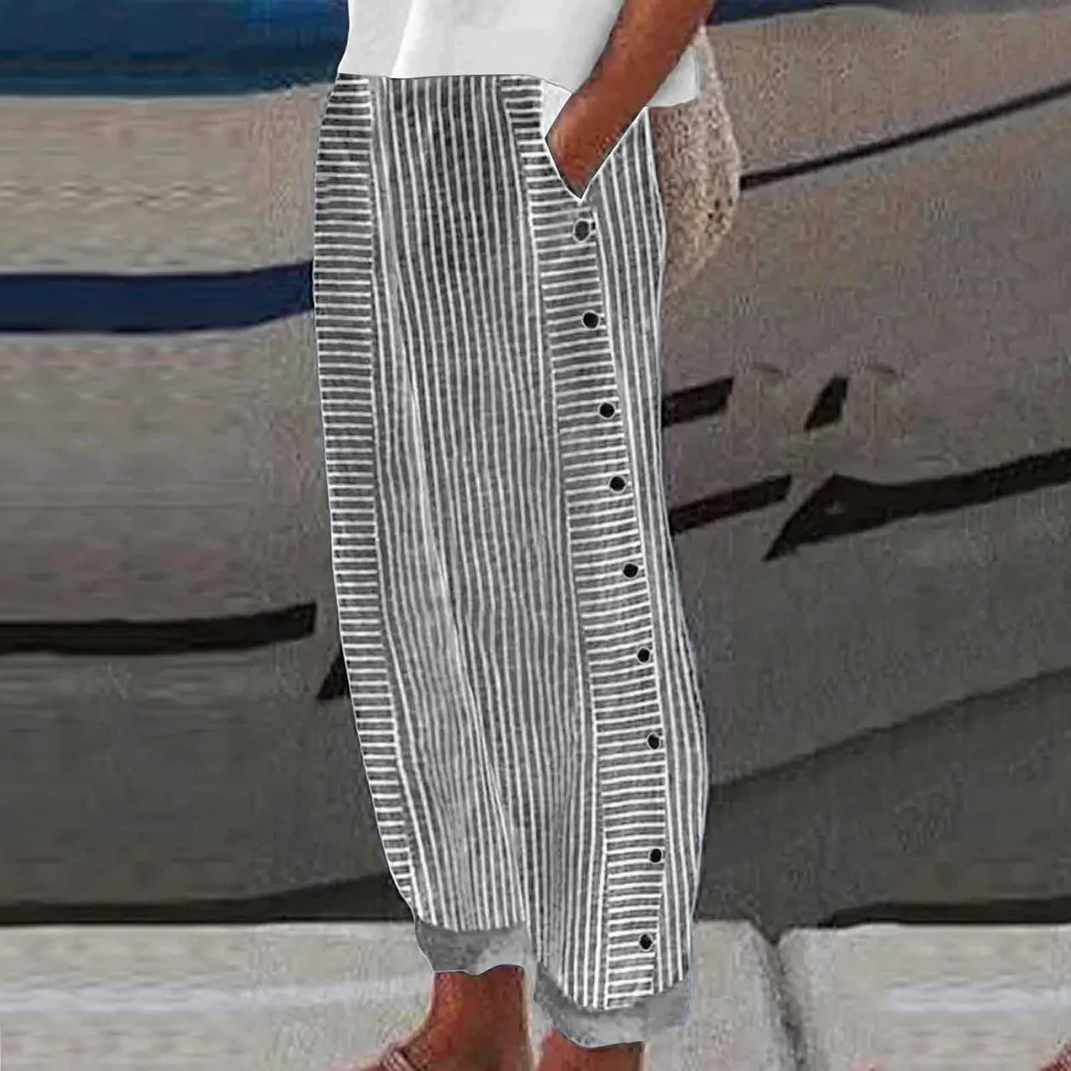 Womens Linen Pants Plus Size Striped Summer Casual Gauze Pants Elastic High Waist Wide Leg Loose Fit Workout Trousers