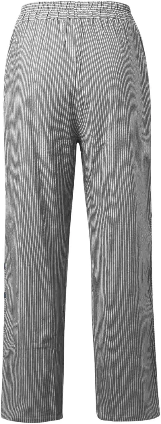 Womens Linen Pants Plus Size Striped Summer Casual Gauze Pants Elastic High Waist Wide Leg Loose Fit Workout Trousers