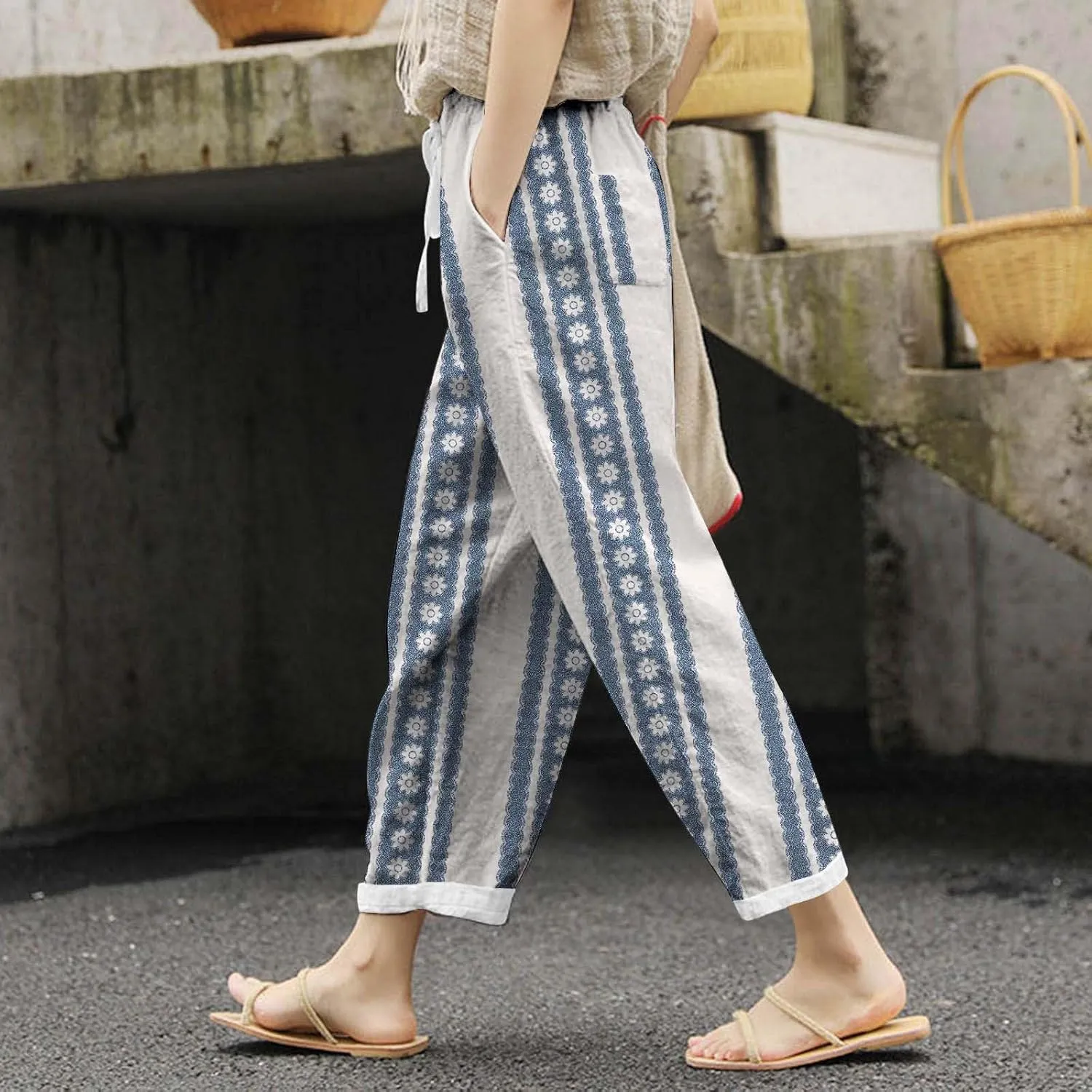 Womens Linen Summer Casual Pant Trousers Elastic Waist Long Lounge Slim Fit Palazzo Pants Trendy