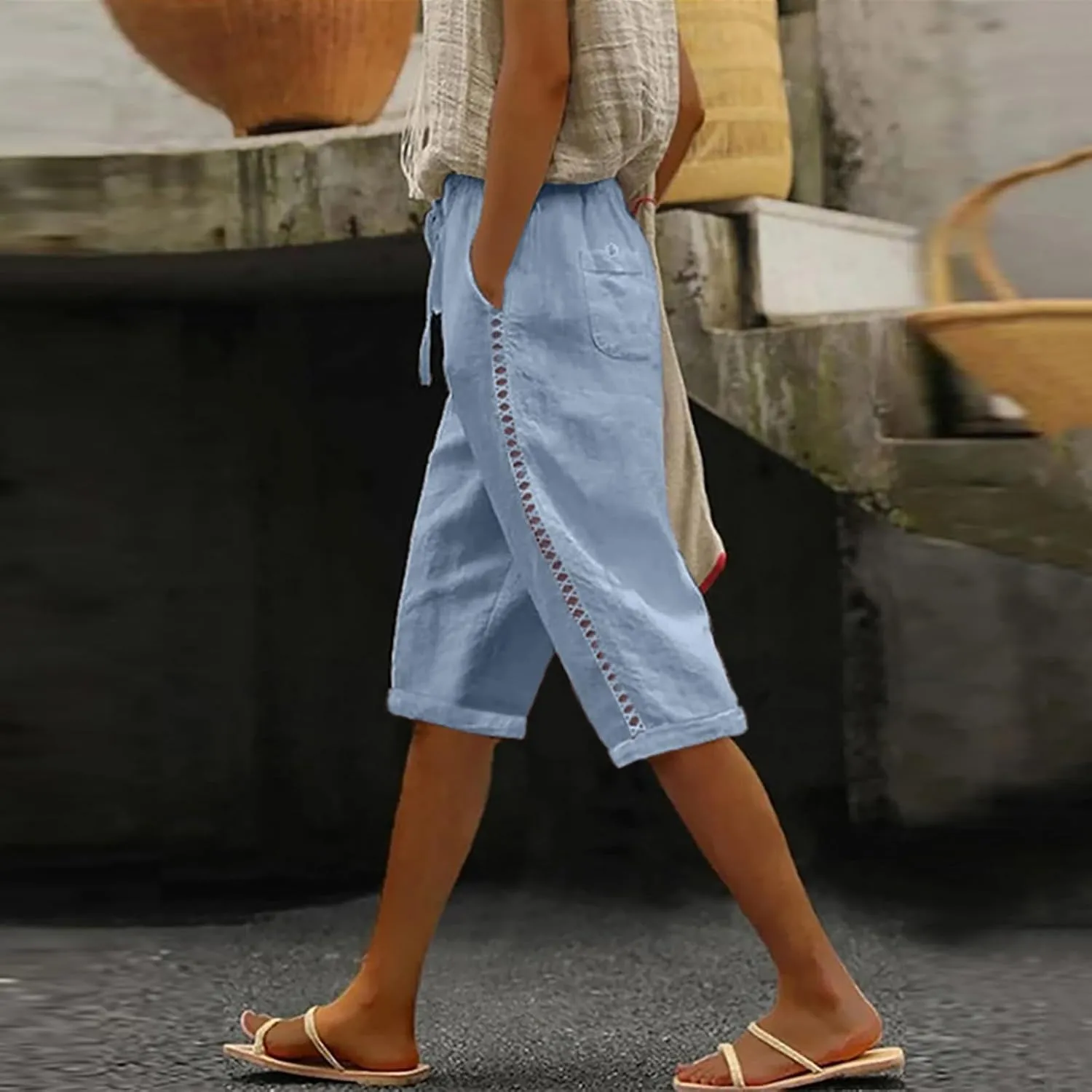 Women's Linen Summer Floral Palazzo Pants Elastic Waisted Baggy Stretchy Slim-Fit Pants Office