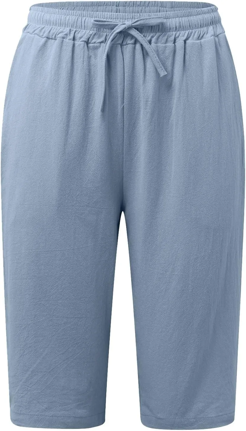 Women's Linen Summer Floral Palazzo Pants Elastic Waisted Baggy Stretchy Slim-Fit Pants Office